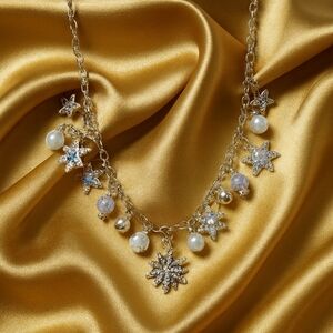 Silver Snowflake Necklace – Sparkle Star & Bead Charm Holiday Statement Jewelry